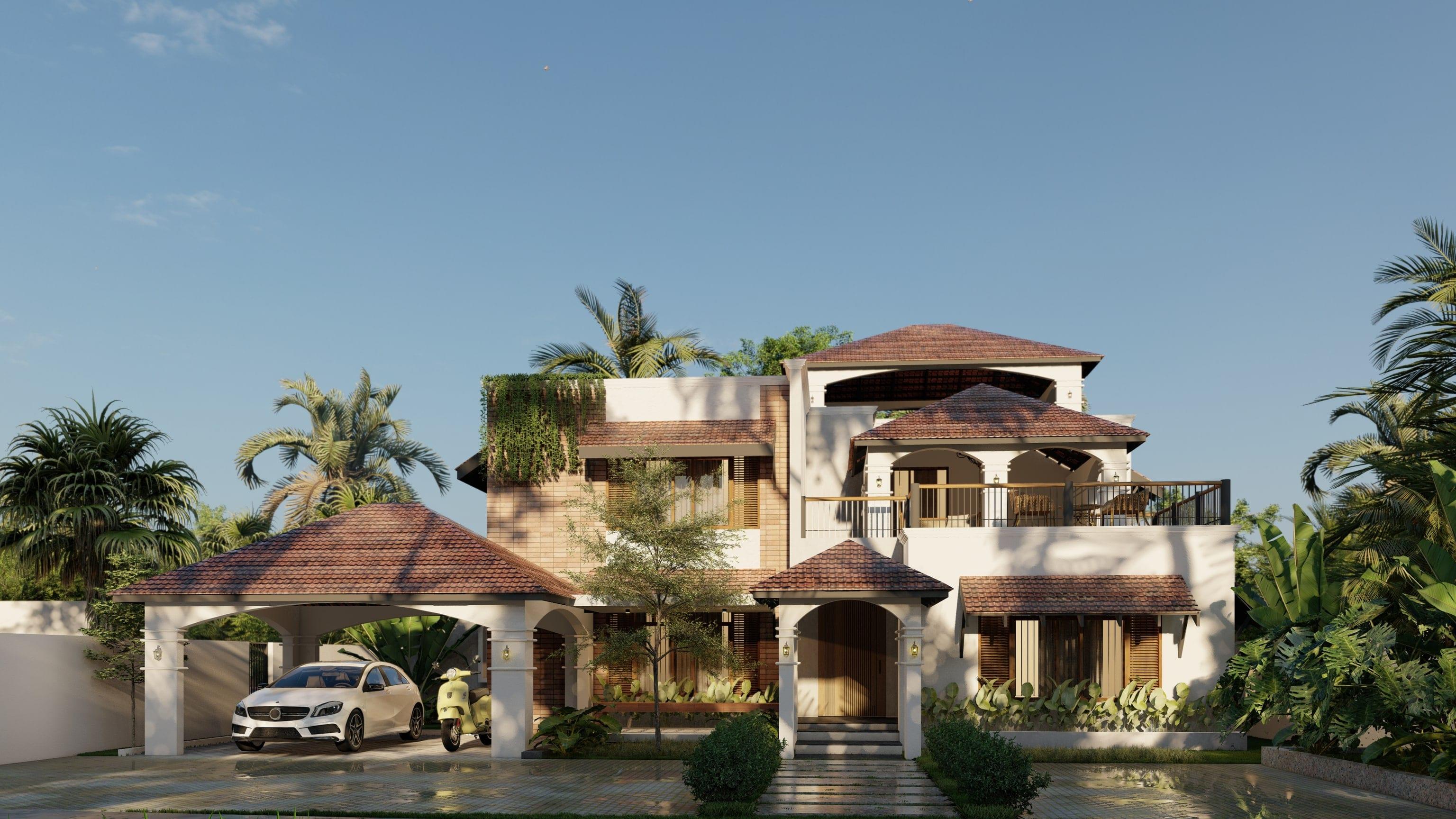 The house on a clear morning: white plastered arches, brick and timber shutters beneath layered tile roofs, with palms and a planted forecourt