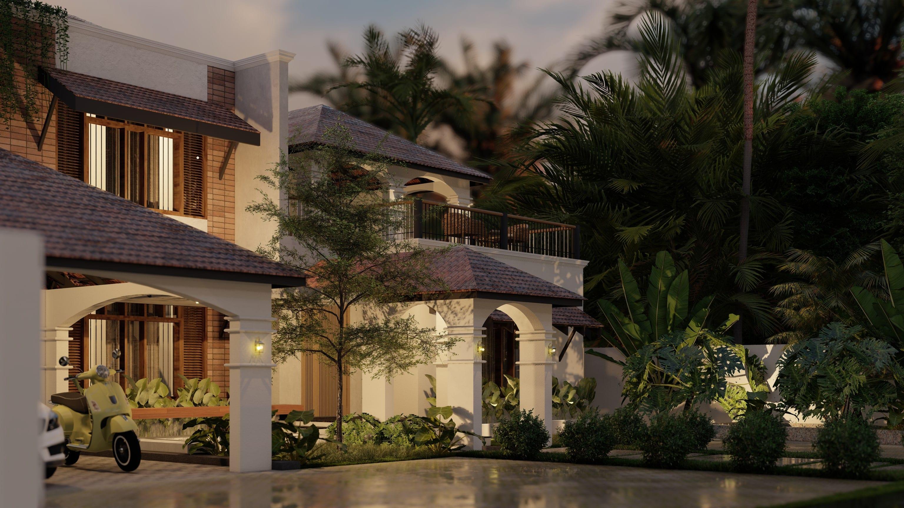 Three-quarter view at dusk across the arched carport and entrance porch towards the first-floor terrace, among palms and tropical planting