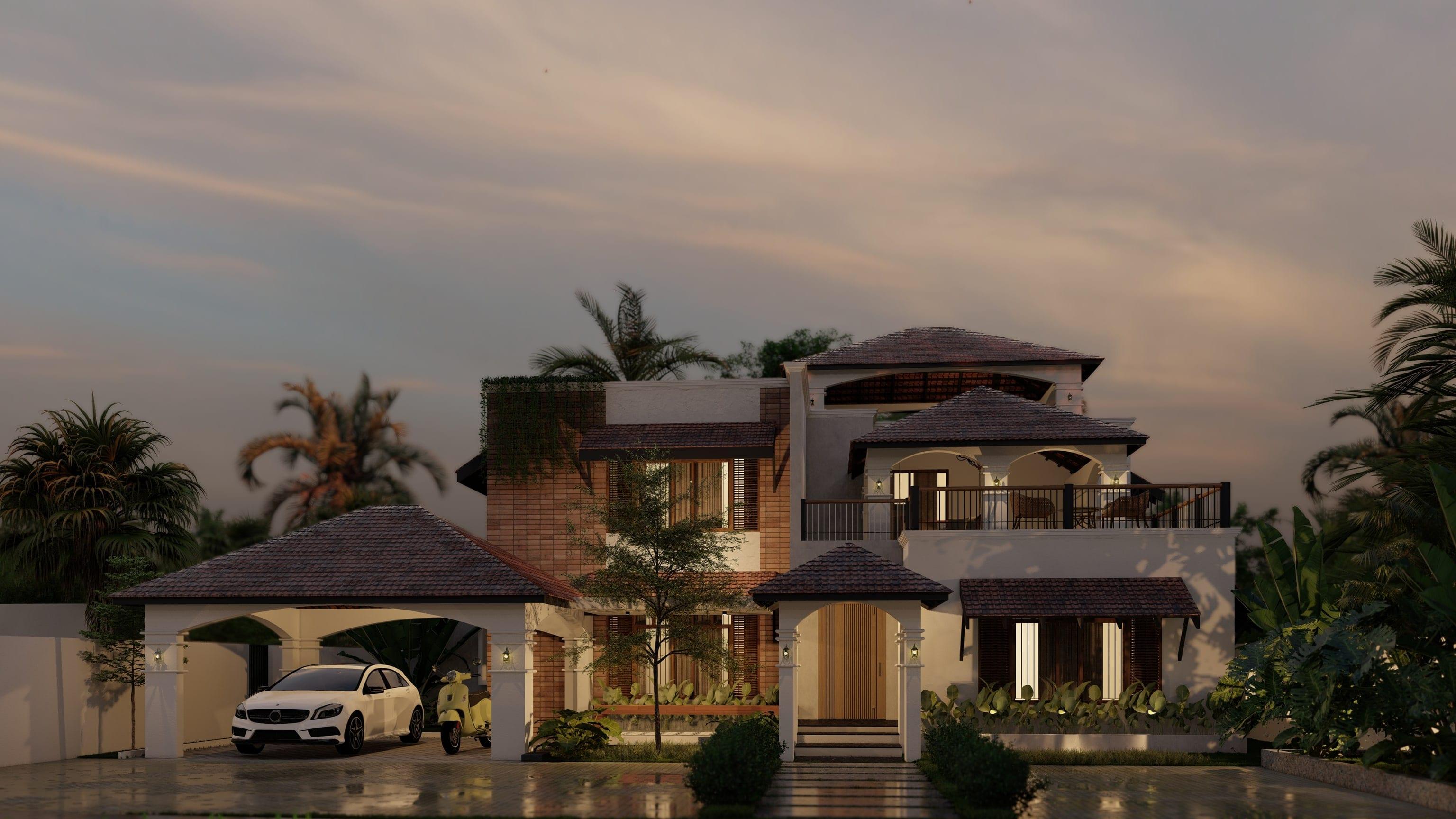 Front elevation at dusk: stepped hipped roofs of clay tile, an arched entrance porch and carport, exposed-brick upper wing with timber louvred shutters, and a terrace loggia under arches, lanterns lit