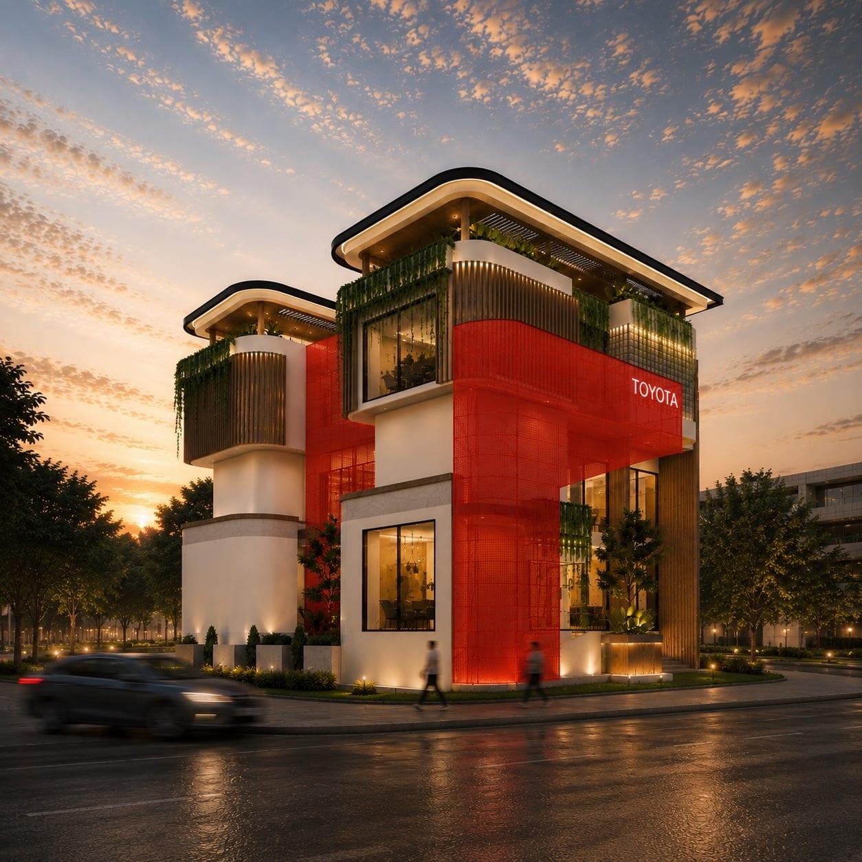 Front elevation at dusk: a three-storey office with a red perforated-metal screen, vertical timber fins, cascading planters and a glowing glass ground floor