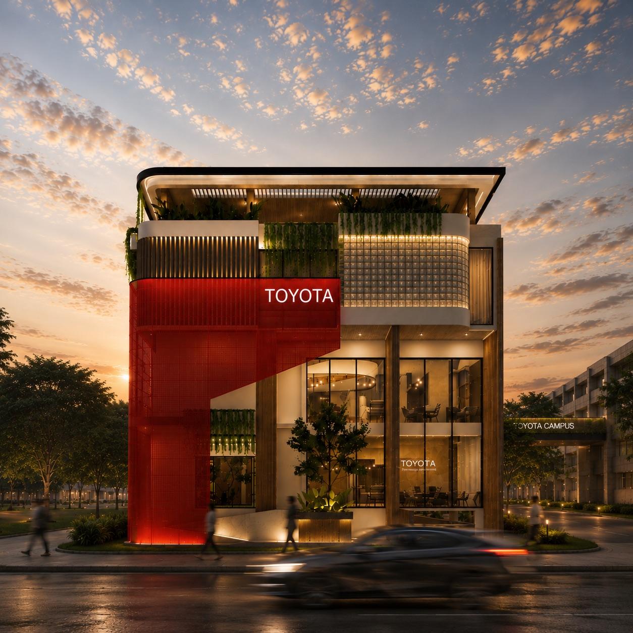 Monochrome study of the building with only the red screen in colour, revealing the two interlocking blocks