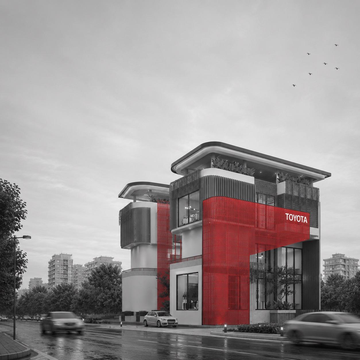 Corner view of the office at sunset, its rounded white volumes wrapped in a translucent red screen and crowned with planted terraces