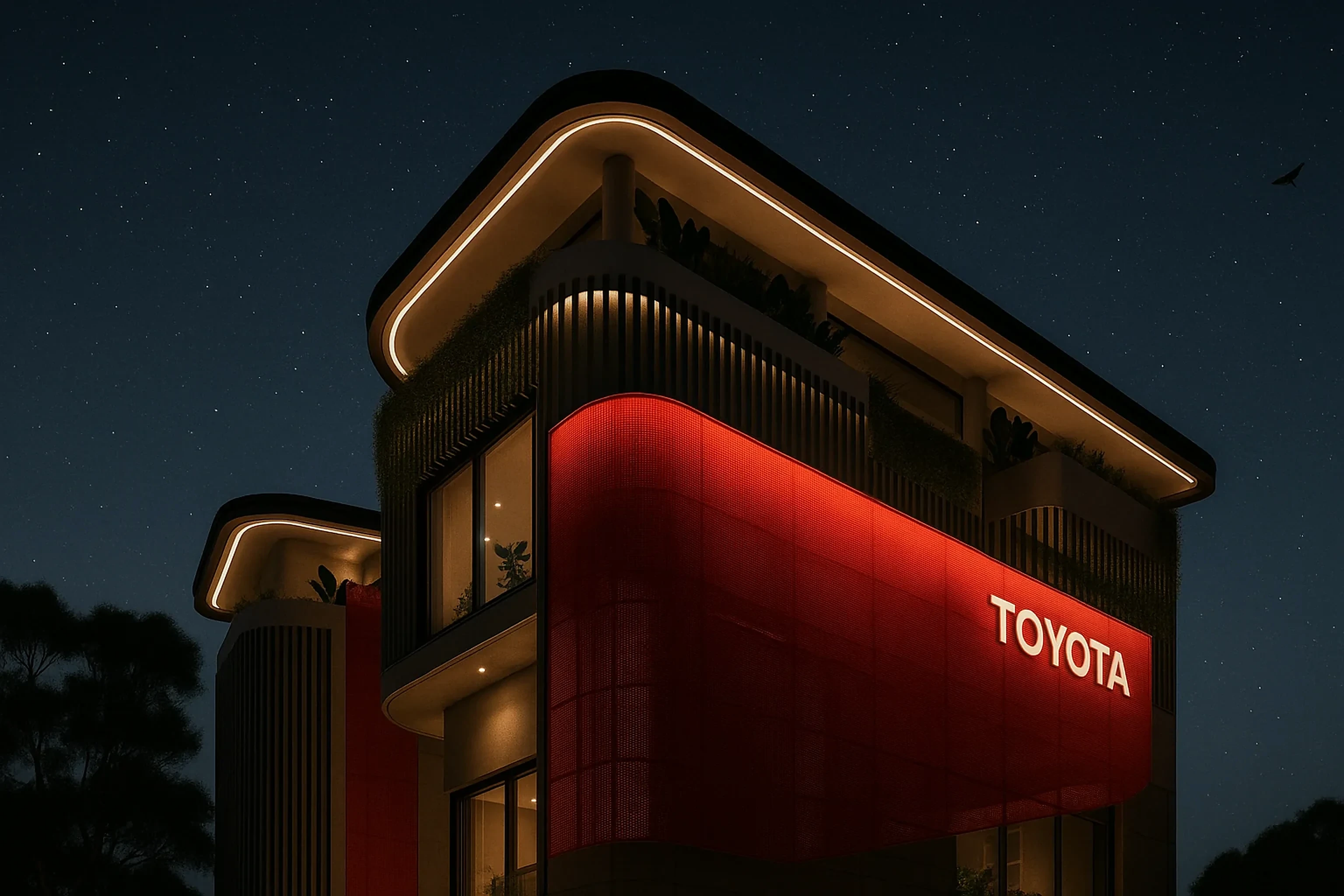 The Toyota TTPI office at night: a red perforated screen and the TOYOTA sign glowing beneath planted terraces and warm LED edge lighting, under a starry sky