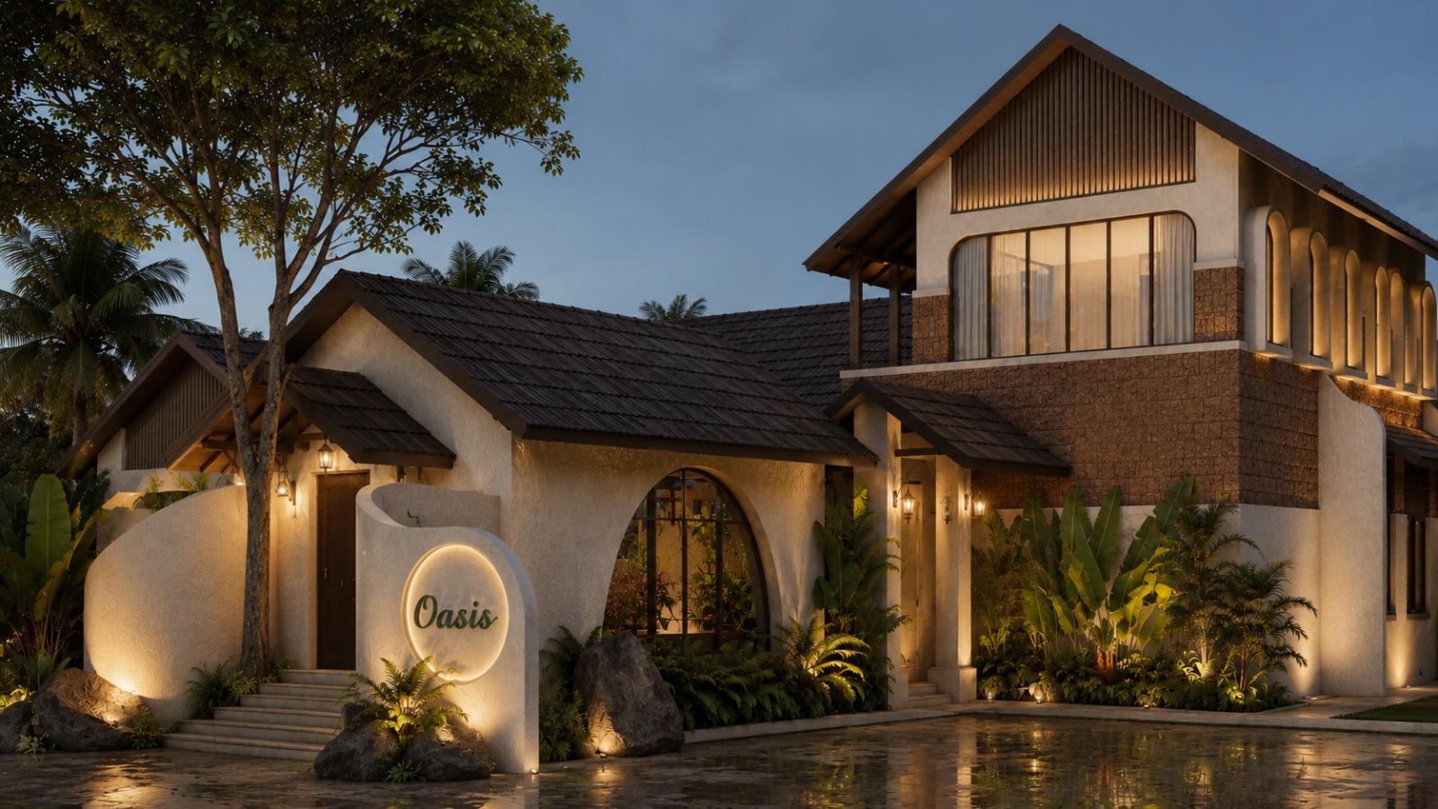 The house at dusk: pitched Mangalore-tile roofs, limestone-plastered walls, a laterite-clad upper storey with arched windows, and a curved entrance wall carrying a lit circular sign amid banana palms