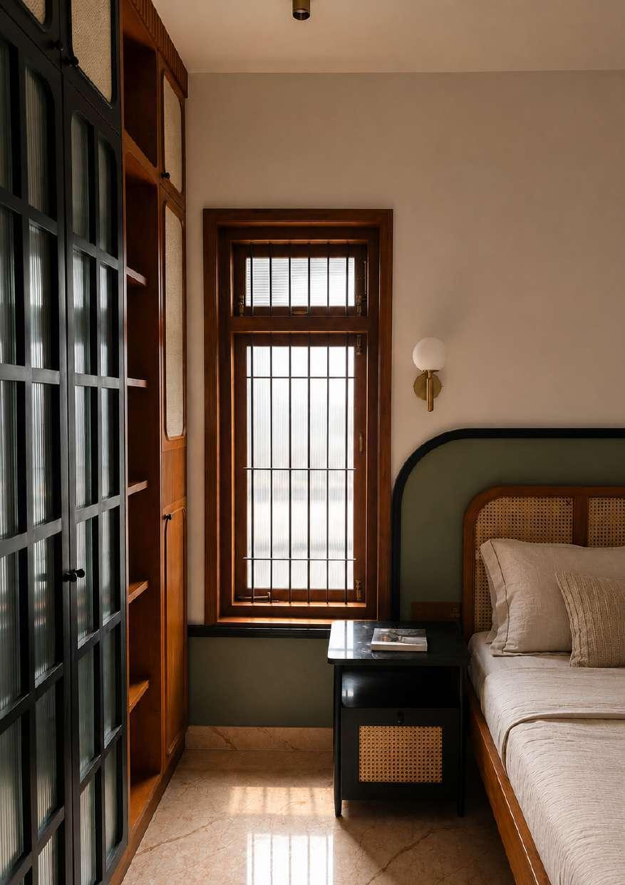Bedroom in natural teak and woven cane, with a sage-green arched headboard wall and a tall teak-framed window washing the room in daylight