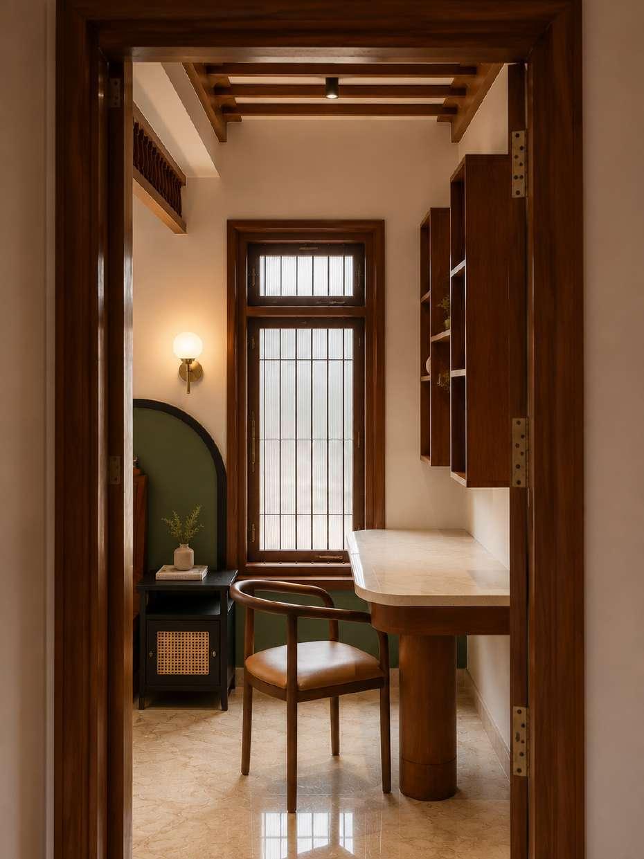 A study glimpsed through a teak doorway: a curved marble desk, a leather chair, a brass sconce and an arched green niche