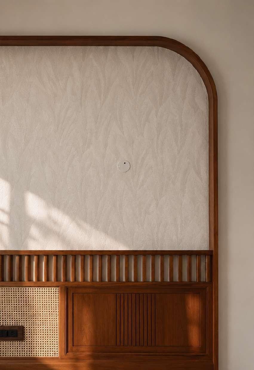 Custom headboard with a textured ivory panel, a rounded teak frame, fluted timber and a cane-fronted storage drawer